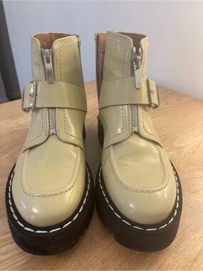 Aquatalia Pale Yellow Patent Platform Ankle Boots with Buckle and Front Zipper